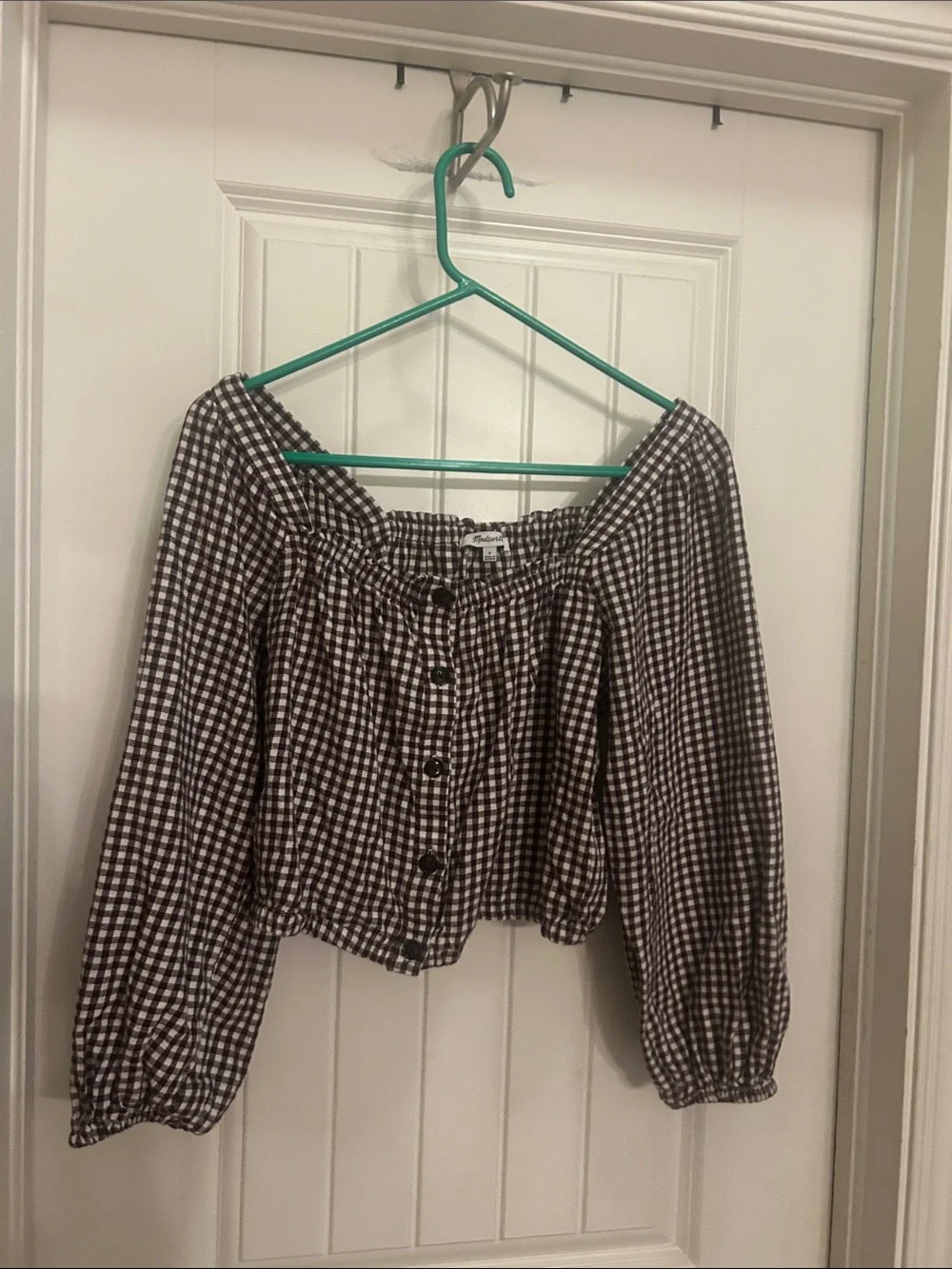 Madewell Brown and White Gingham S Off-Shoulder Button-Front Top